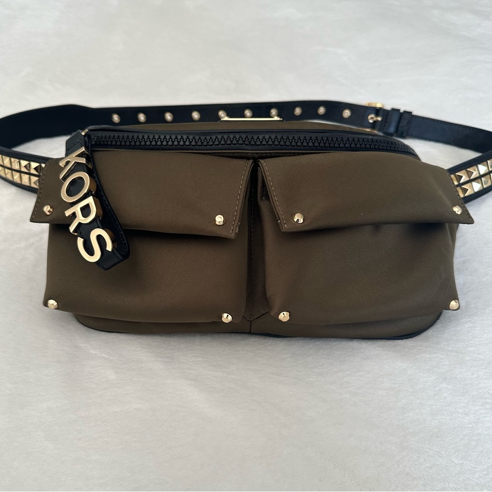 Michael Kors Olivia Large Studded Satin Belt Bag Crossbody in Olive Green - Picture 9 of 14